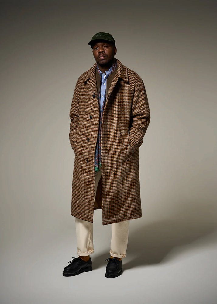 Gloverall Hynes Harris Tweed Overcoat Brown Houndstooth